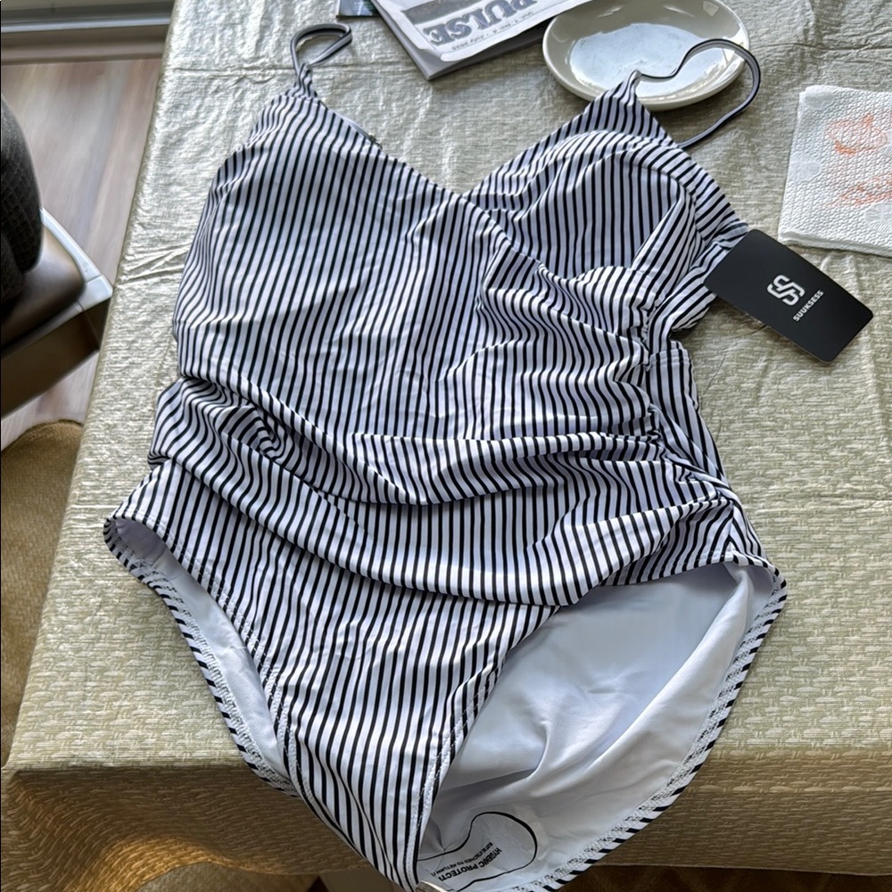 Chic Black and White One-Piece Swimsuit with Nautical Stripes